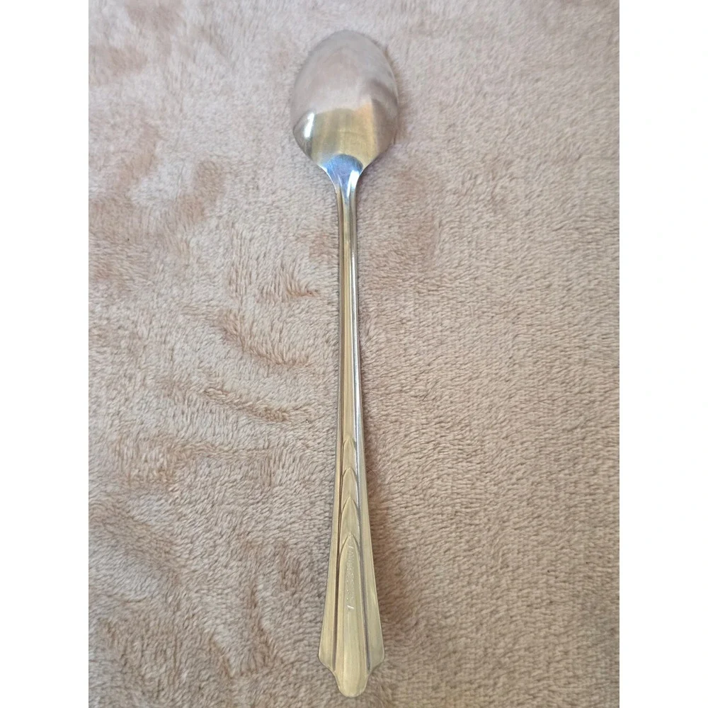 Vintage Stainless USA Long Handle Iced Tea Spoon Art Deco Tiered Design Flatware